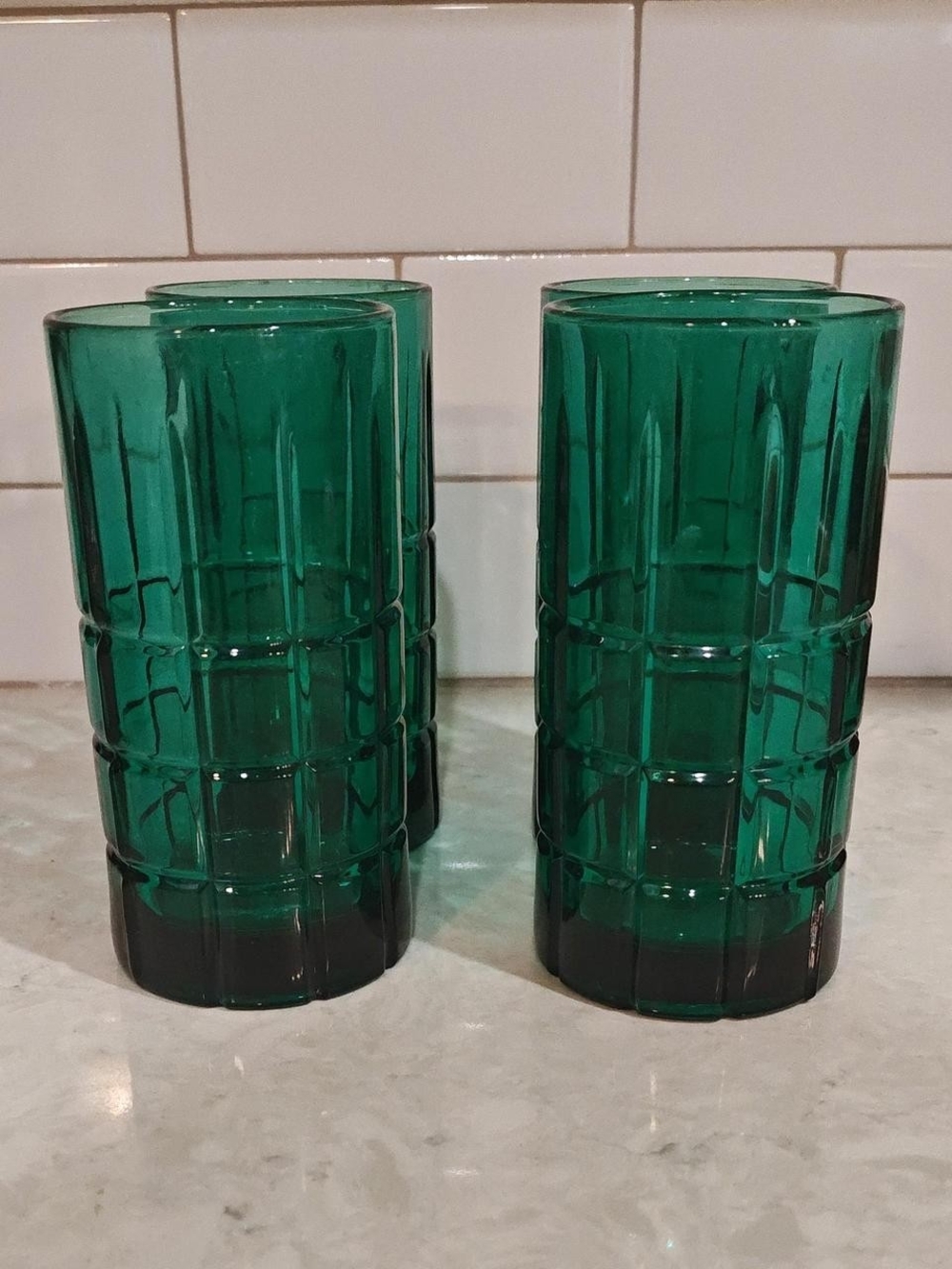Vintage Anchor Hocking Emerald Green Tartan Plaid Tall 16oz Glass Lot Of 4 Heavy
